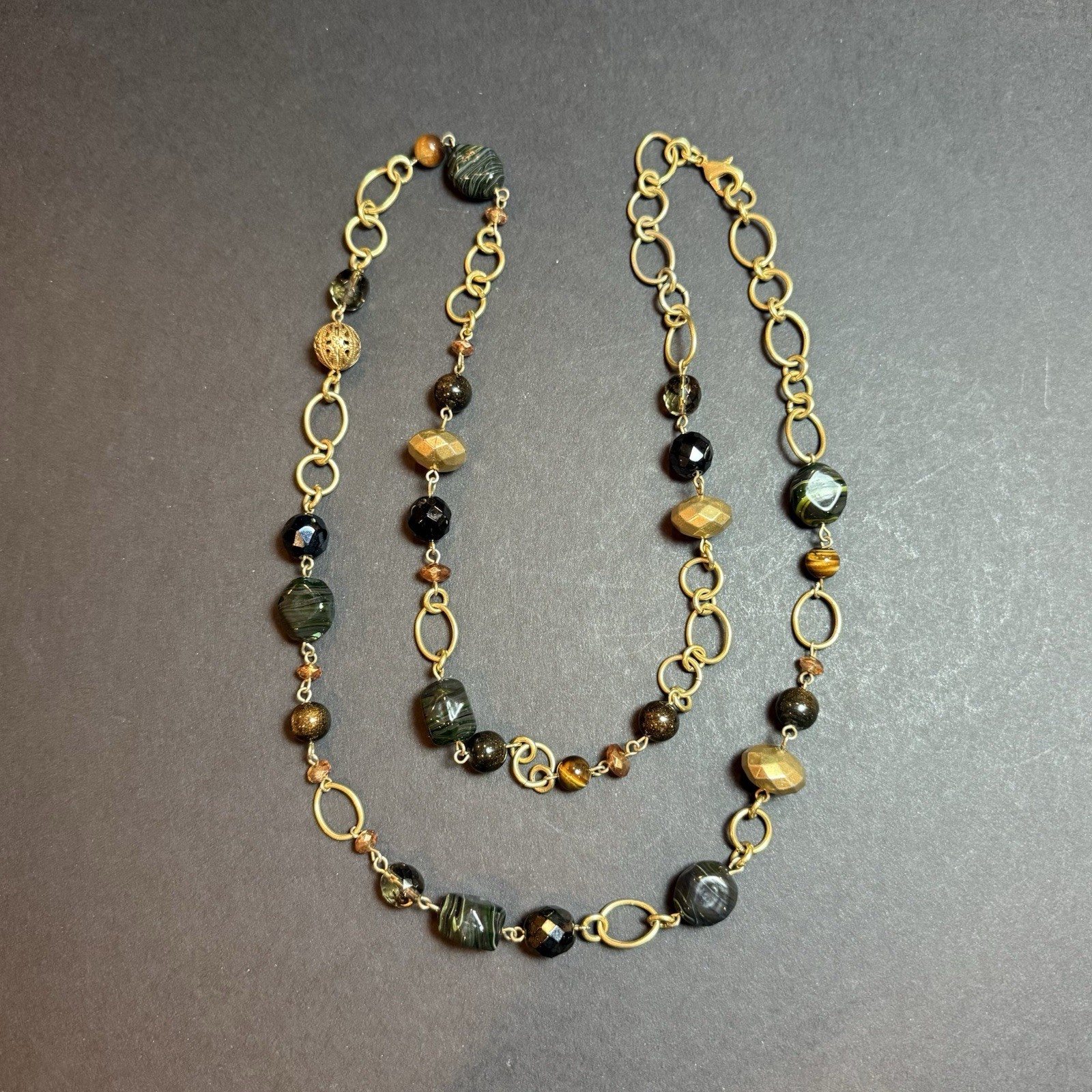 36″ Gold Tone Large Oval Chain Necklace Glass & Faceted Metal Beads