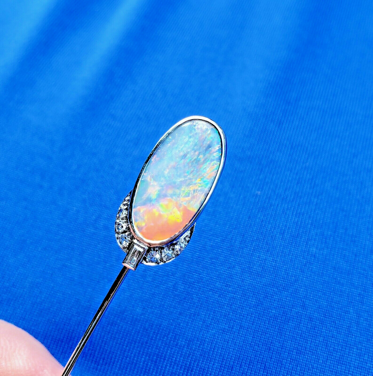 Original EARTH MINED Australian Black OPAL Art Deco DIAMOND Pin Antique PLATINUM