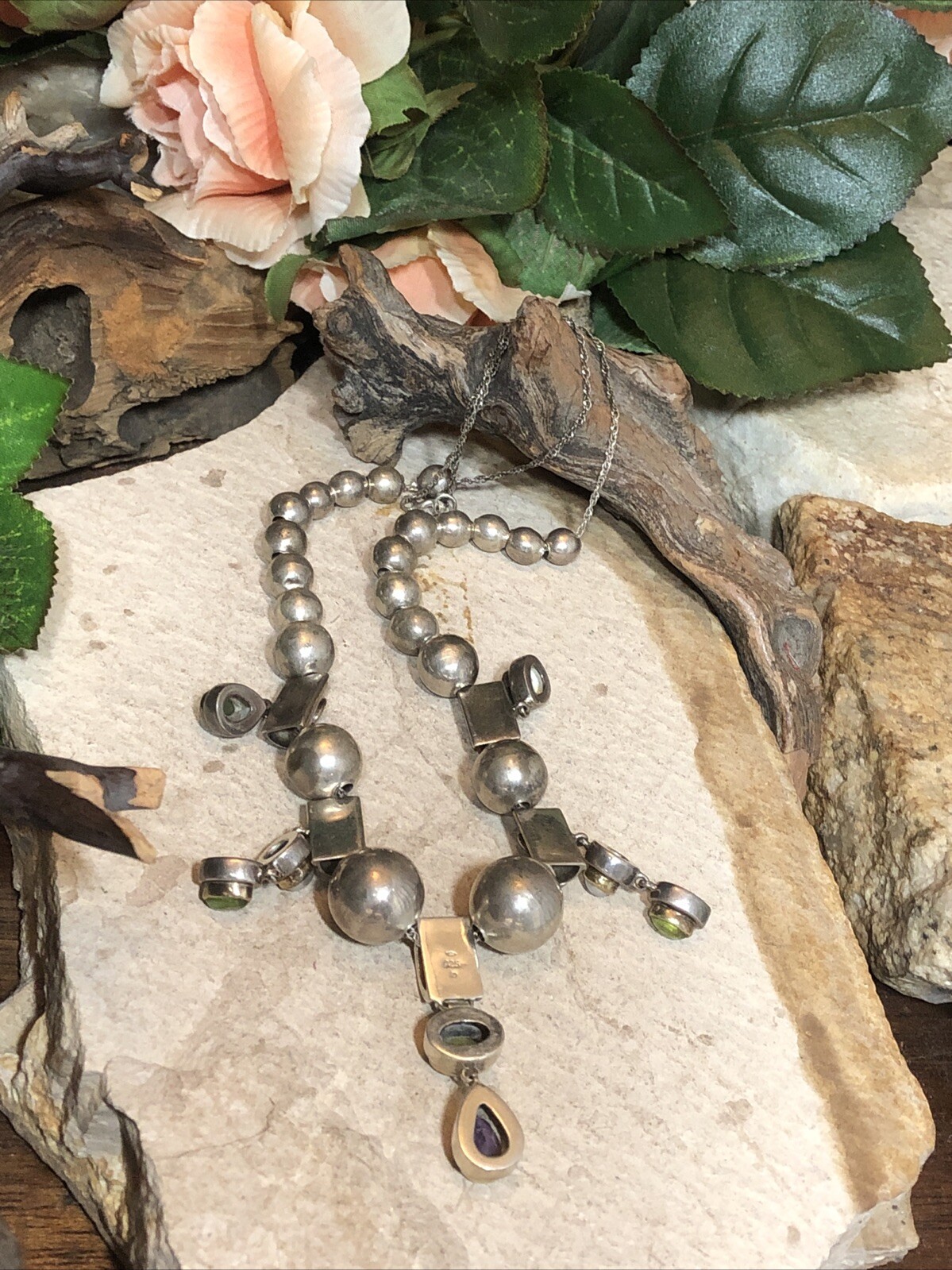 15. Vintage 925 Sterling Silver Ball charm Gemstone Beaded Sliding Necklace 17″