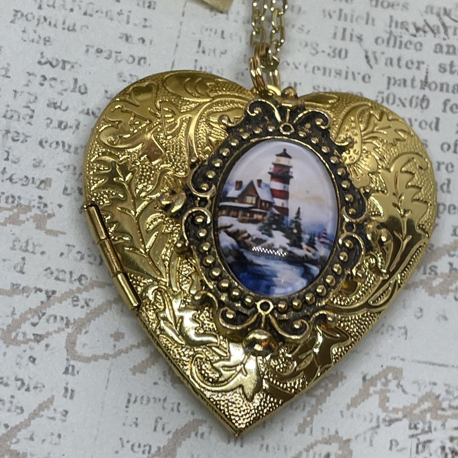 Gold Heart Locket Photo Lighthouse Cottage Sailor Birthday Anniversary Necklace