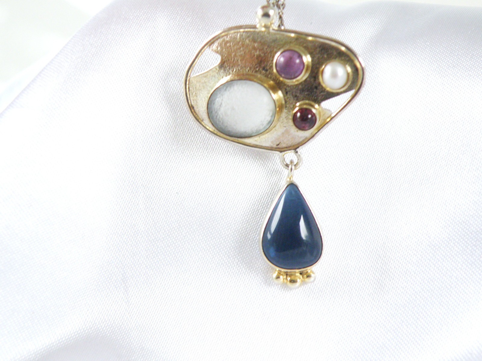Artisan Sterling Silver 925 Beach Glass Gemstone Modernist Pendant Necklace 18.5