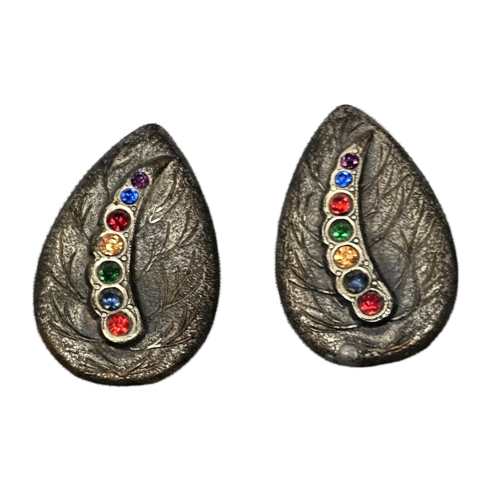 Antique Art Deco Bejeweled Metal Leaf Clip On Earrings | Appr 1.5″L & .75″W