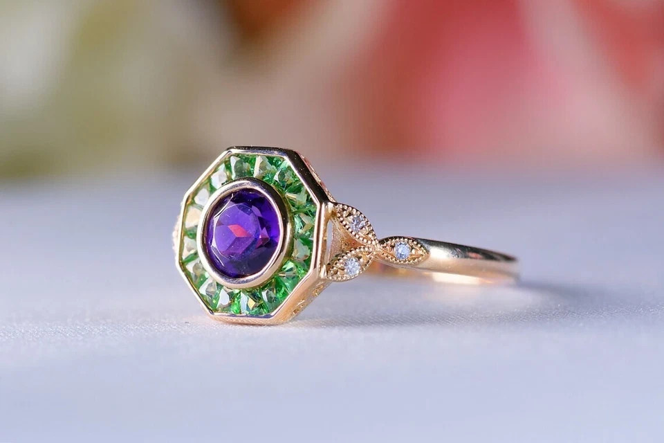 Art Deco Vintage Style Lab Created Amethyst & Emerald Wedding 14K Gold FN Ring