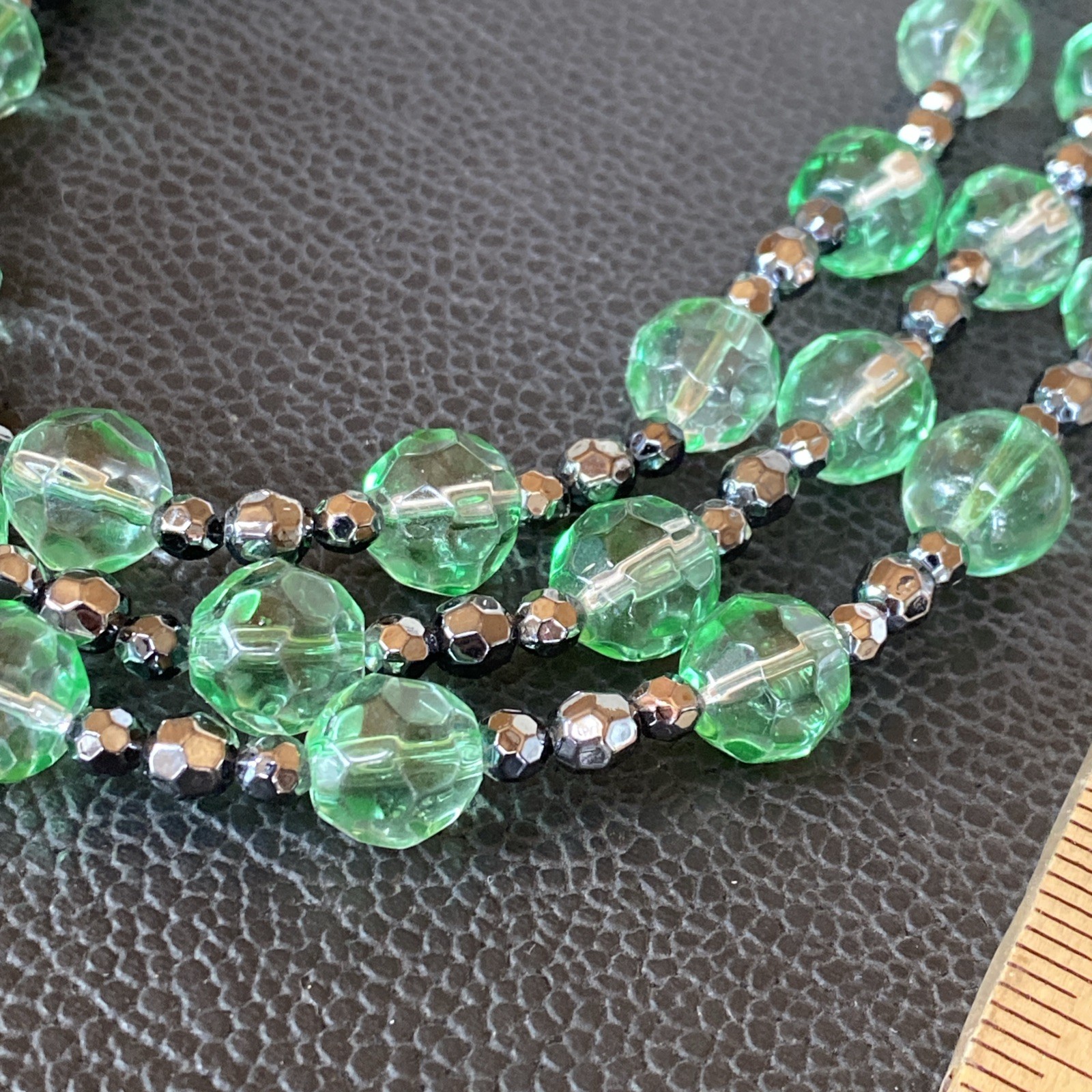 Vintage Green Glass Faceted 3 Strand Necklace w/ Matching Pair Drop Earrings Set
