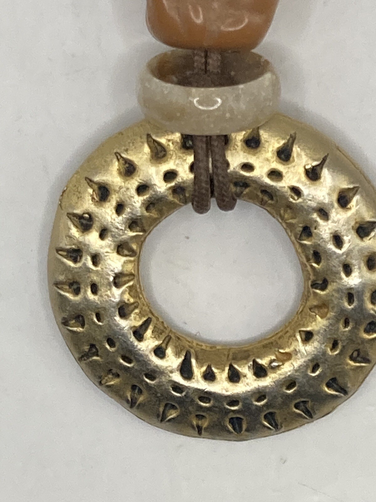 Vintage Necklace Signed EH Etruscan Medallion Circle Goldtone on Cord Earthy 32”
