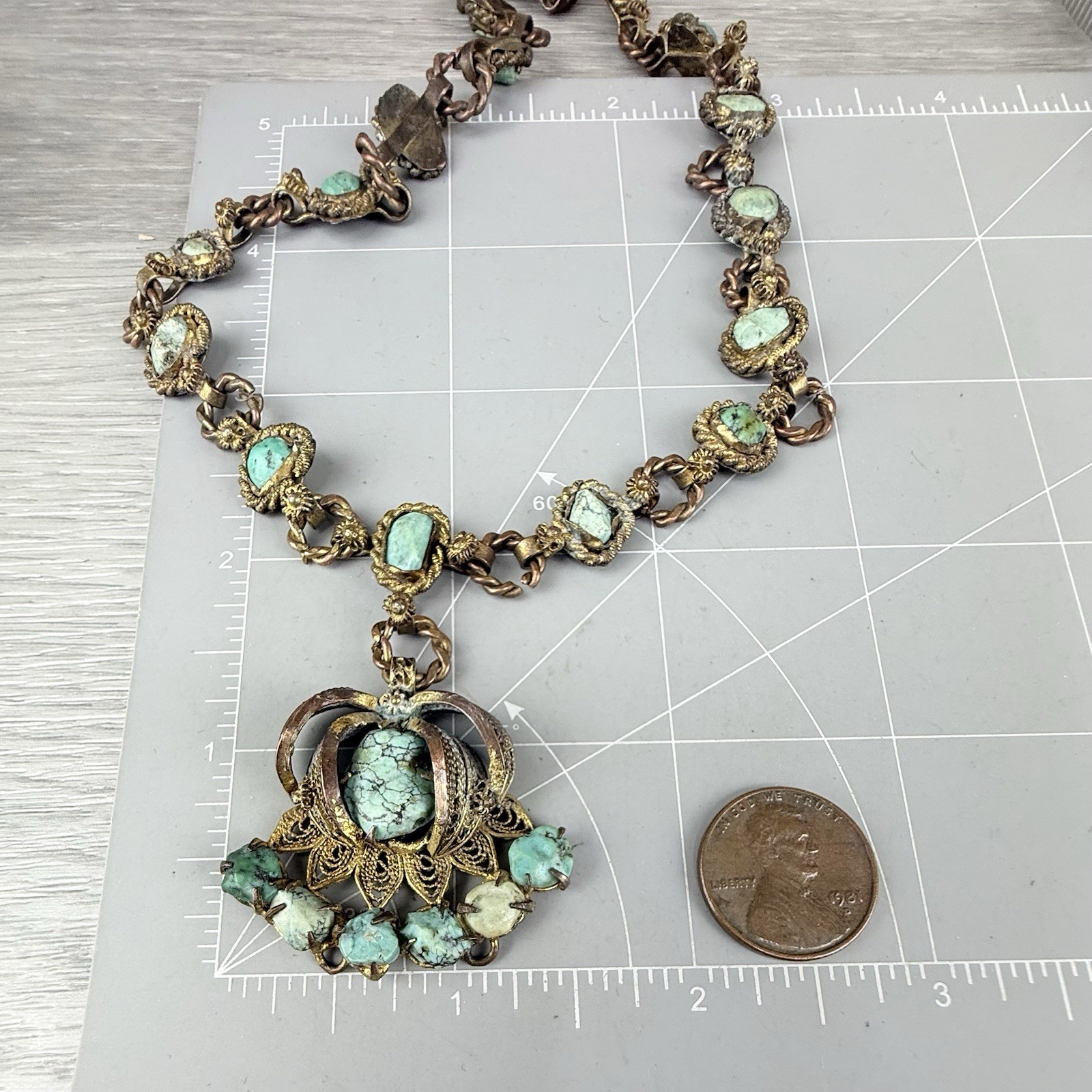 Vintage Possibly Antique Chinese Import Filigree Turquoise Pendant Necklace
