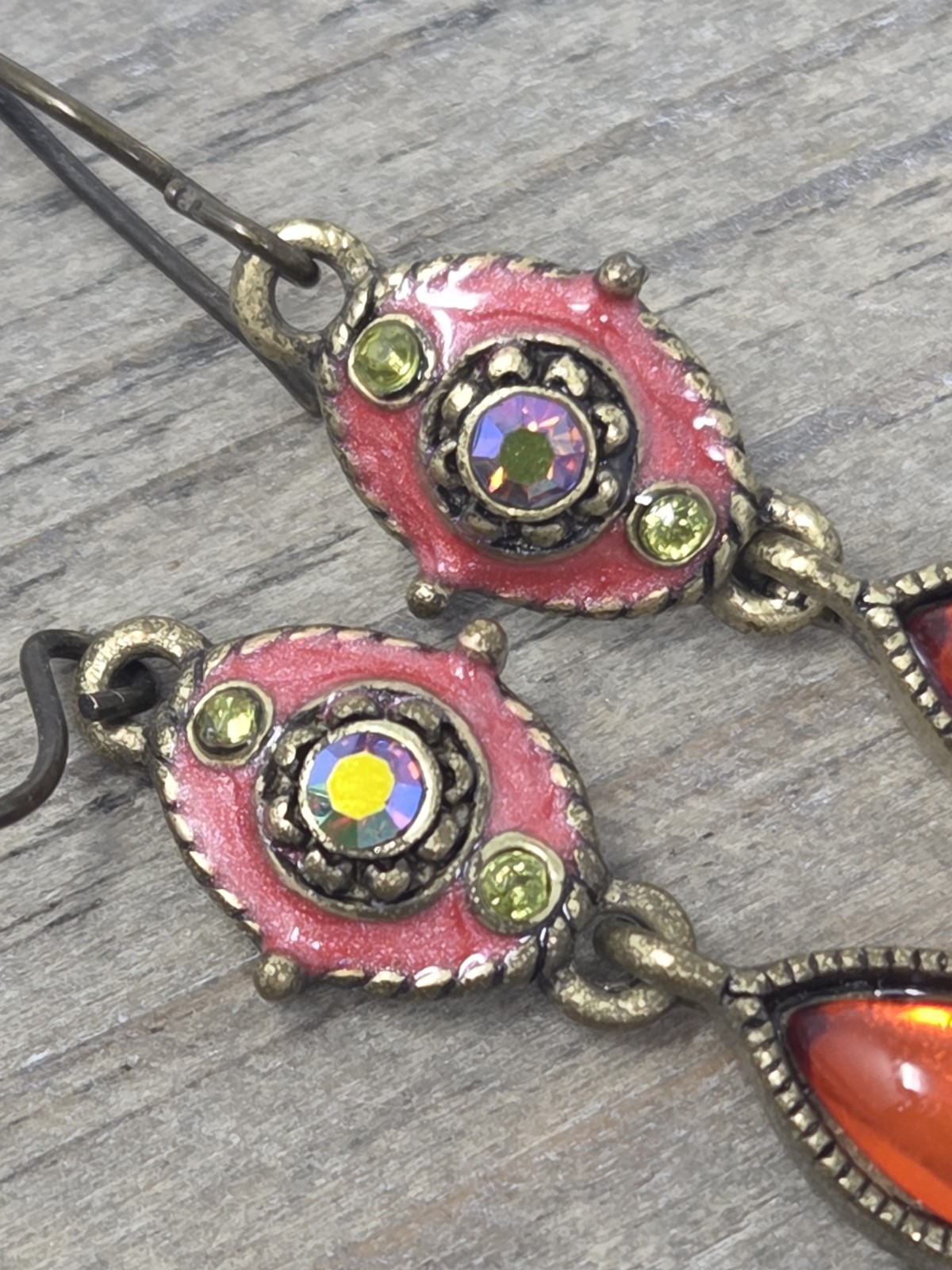Orange Pink Yellow Y-Drop Necklace & Earring Set Rhinestones Enamel Bronze Tone