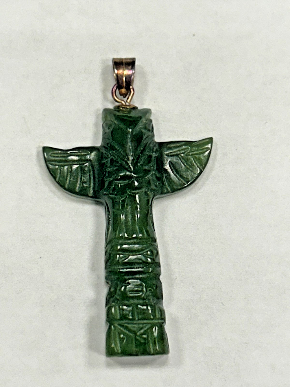 Vintage Hand Carved Jade Totem Pole Pendant Sterling Silver Bail