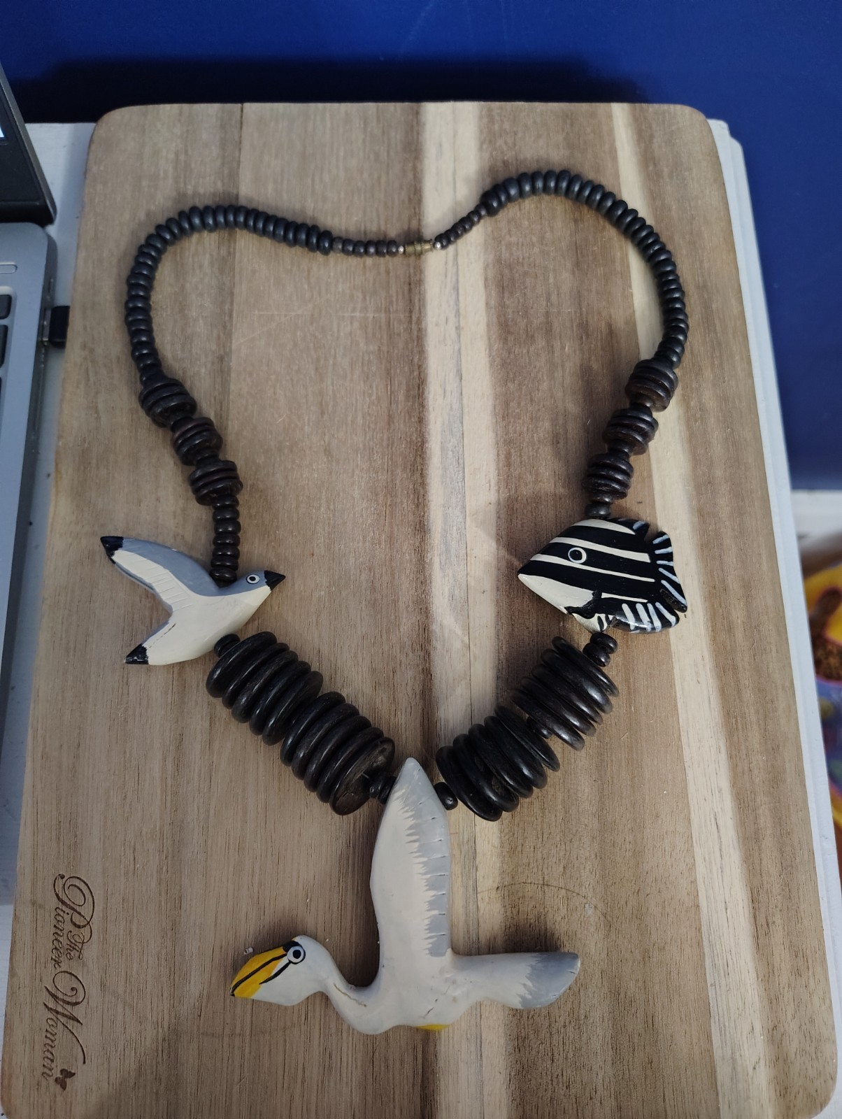 Folk Art Wooden Beach Bird Fish Necklace