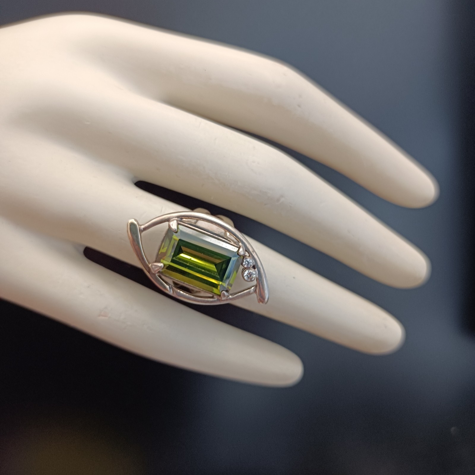 Modernist Statement Ring Sterling Silver Olive Green Stone Rolled Gold Cocktail