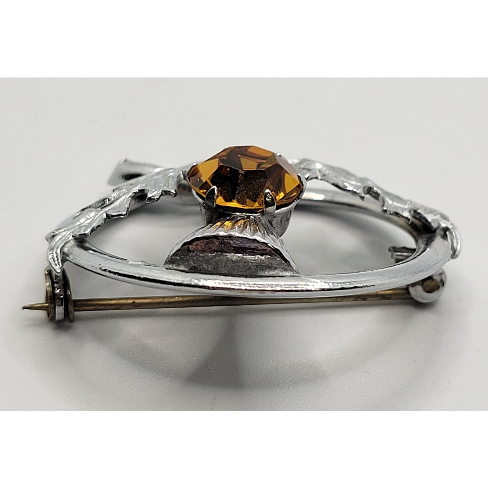 Scottish Thistle Brooch Kilt Shawl Pin Silvertone Orange Rhinestone Vintage