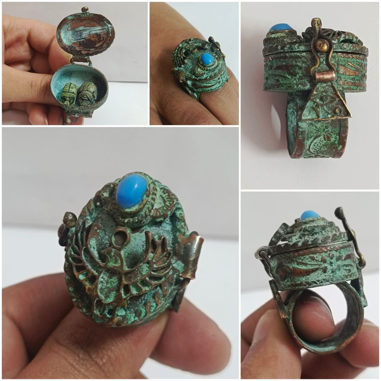 Rare Handmade Egyptian Falcon Copper Ring Turquoise Stone Antique Style Jewelry