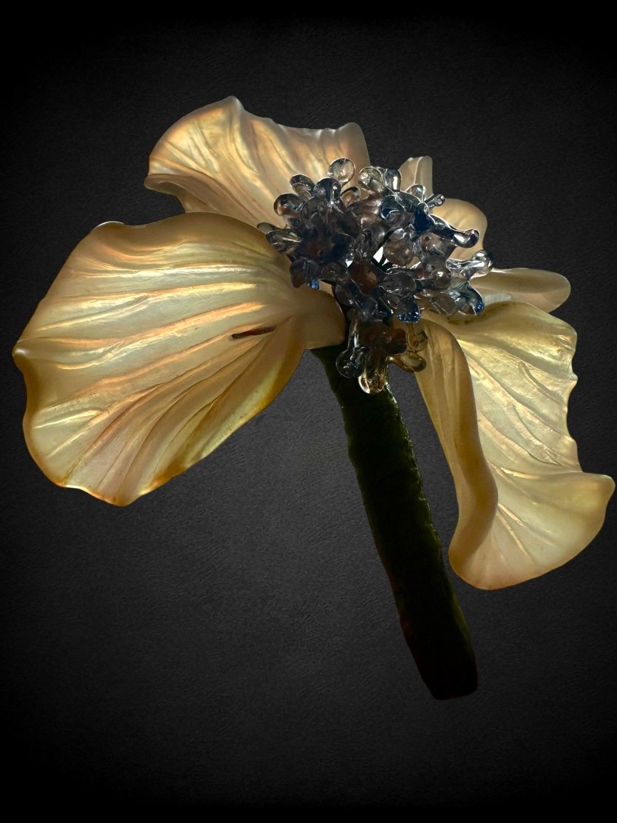 Large French Studio Art Glass Orchid Flower Brooch Opalescent Petals Lampwork