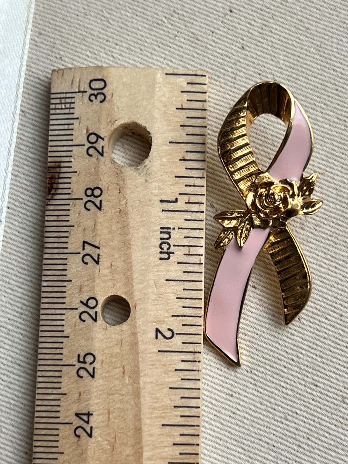 Avon Gold Tone Pink Enamel Breast Cancer Awareness Ribbon Lapel Pin Rose Vintage
