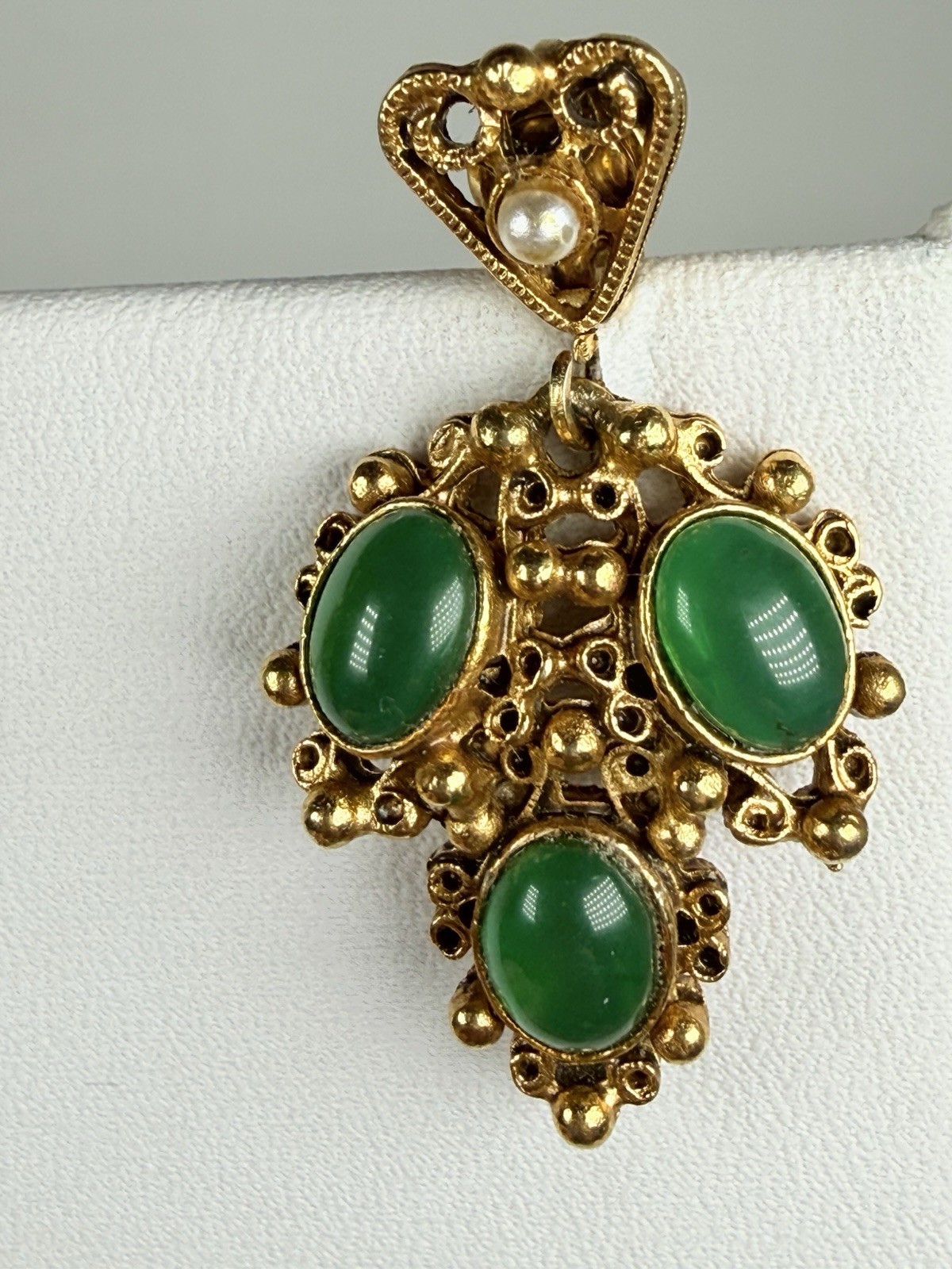 Florenza Victorian revival, green glass cabochons Seed Pearls Clip Earrings