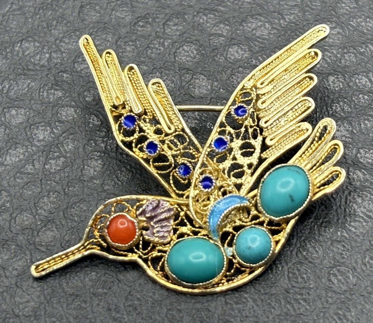 VTG Hummingbird Brooch Vermeil 925 Sterling Silver Turquoise Coral Blue Enamel