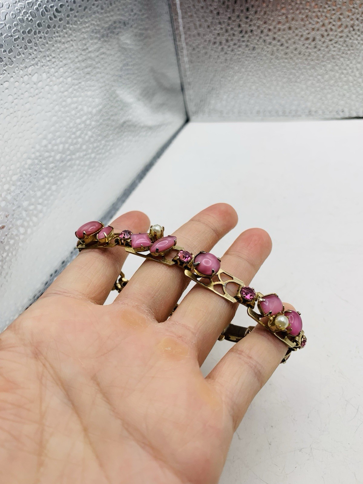 Vintage Pink Feminine Rhinestone Crystal Fancy Faux Pearl Gold Tone 7” Bracelet