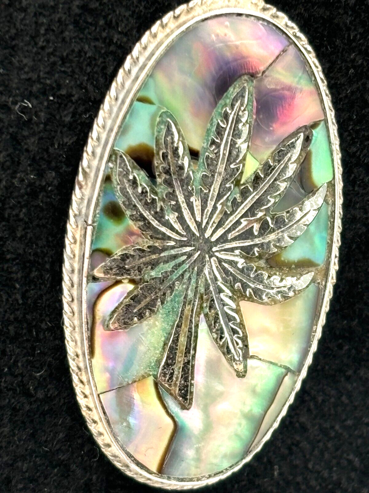 MidCentury Mexico Taxco Sterling Silver 925 Hemp & Abalone Pendant w/metal Chain