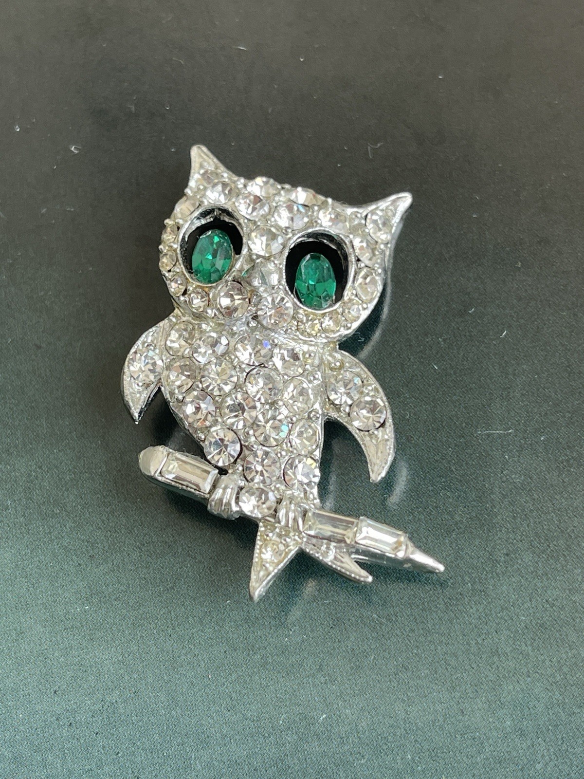 Vintage Signed Pell Rhinestone Owl Brooch Pin Bird