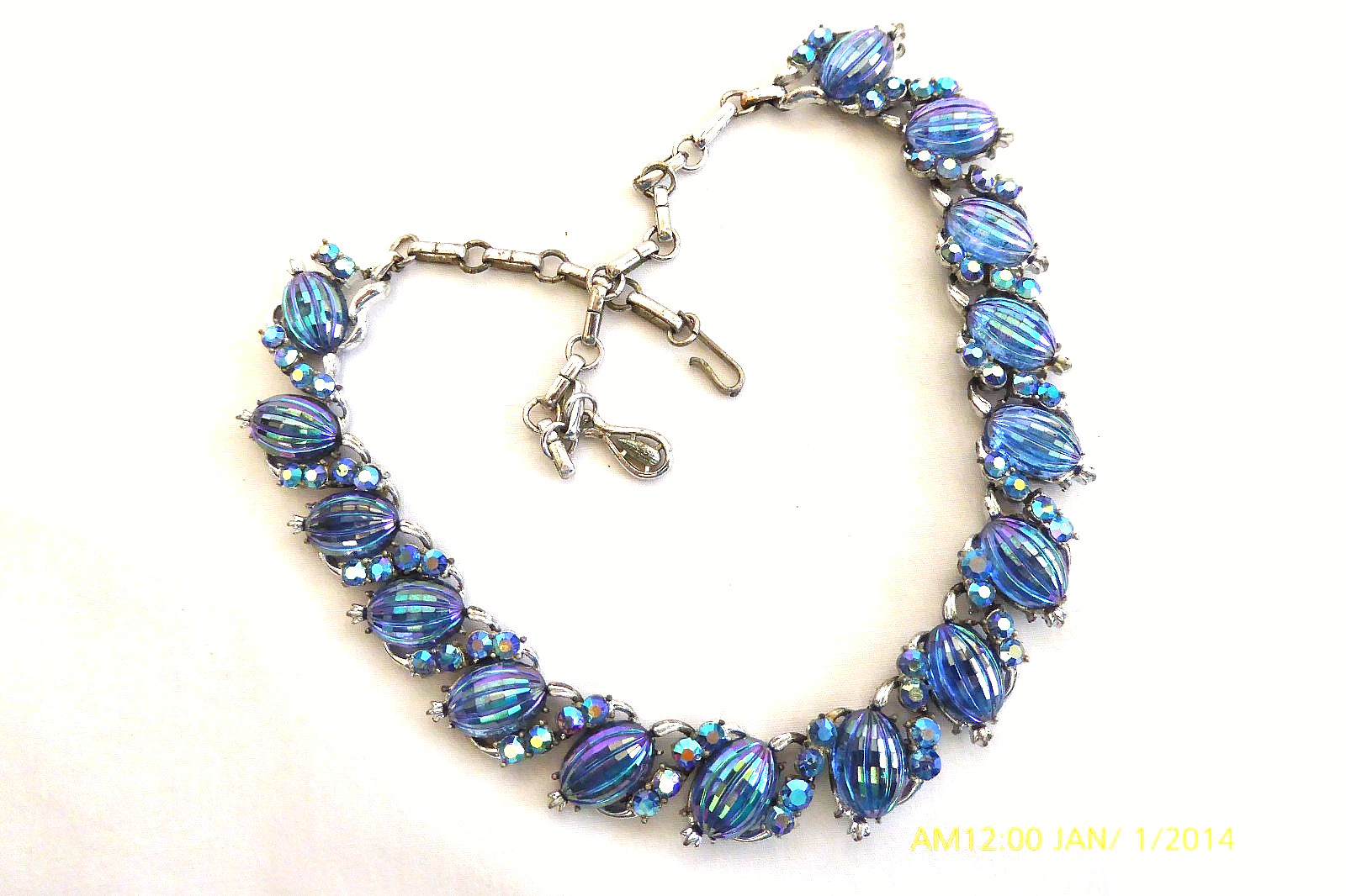 RARE VTG CORO BLUE RIBBED AB GLASS RHINESTONE NECKLACE BROOCH EARRINGS SET