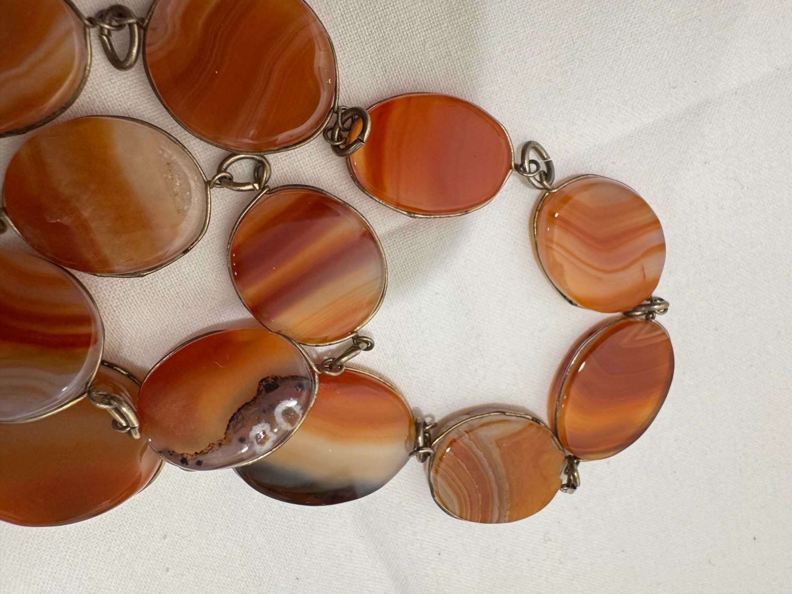 Vtg Polished Tumbled Agate Necklace Orange Brown 26″ Link 1960s 70s Boho Natural