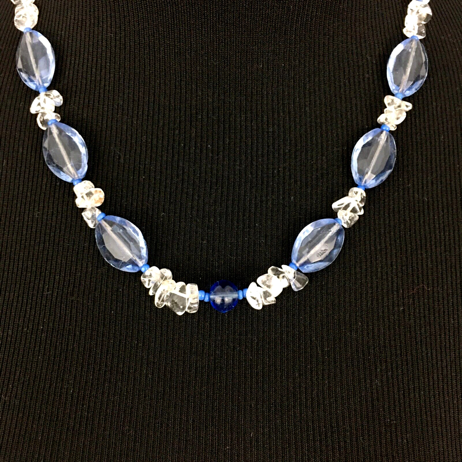 QUARTZ jewelry set – necklace & earrings -clear stone chips & blue glass beads