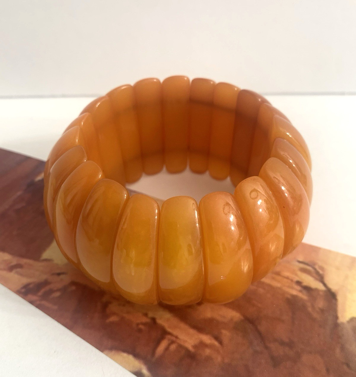 Vintage Marion Godart France Butterscotch Lucite Stretch Chunky Bangle Bracelet