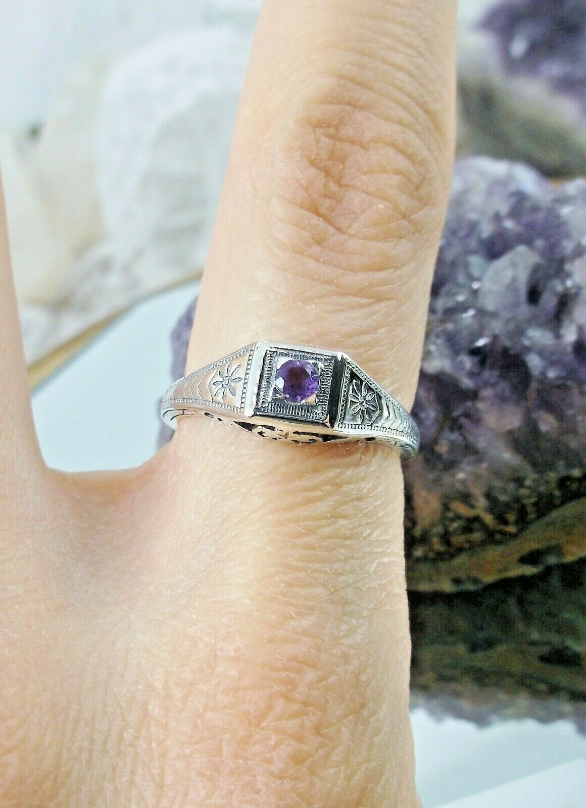 NATURAL Amethyst Ring, Art Deco Wedding Revival Jewelry (Custom-Made) US SELLER