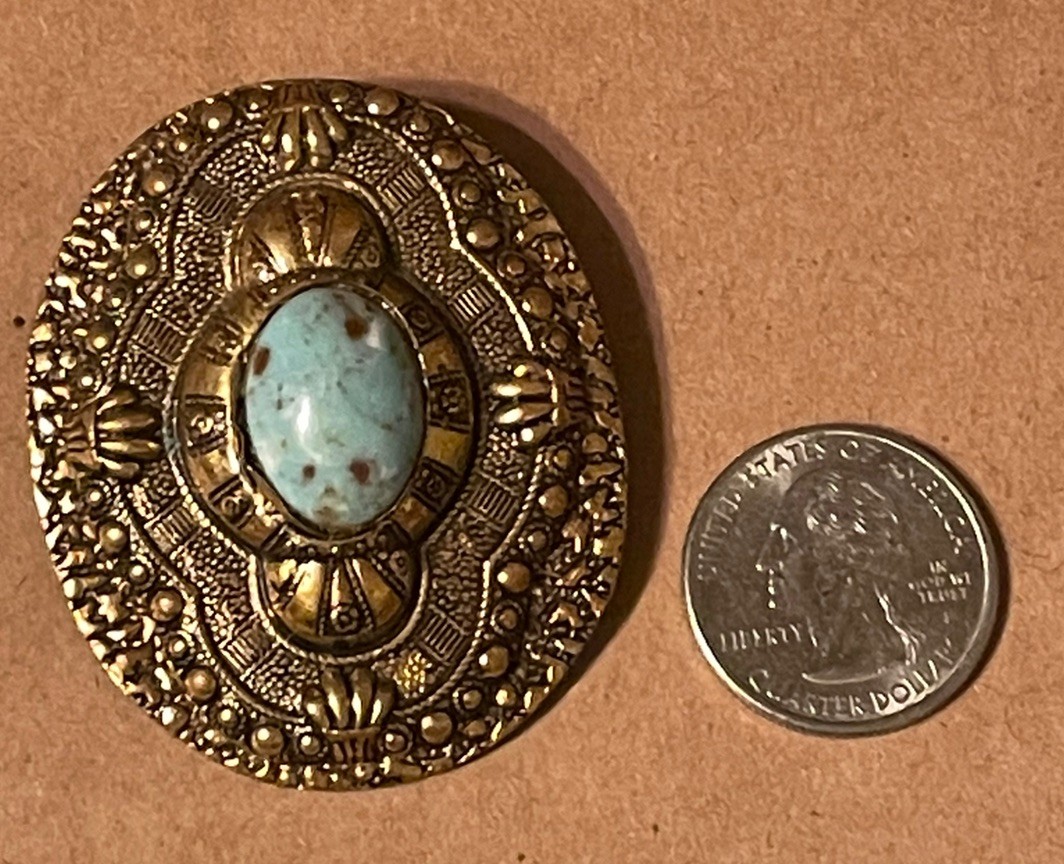Vintage Brass & Faux Robin Egg Turquoise Brooch Pin Ornate Victorian Style