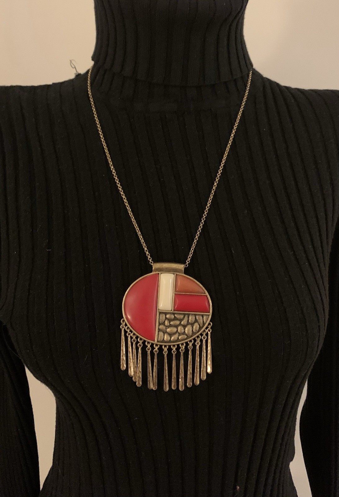 Vintage Abstract Colorful Large Pendant Necklace With Adjustable Chain