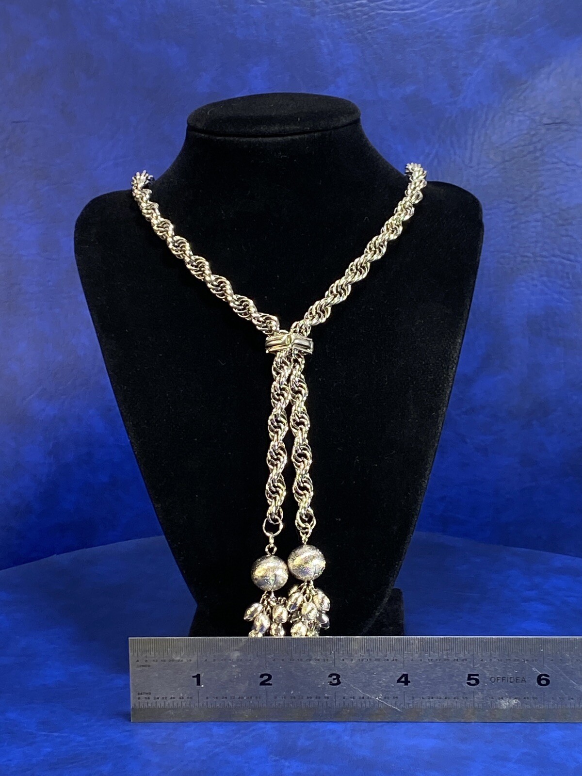 Vtg Silver Tone Metal Rope Bolo Slide Ball Tassel Bold Lariat Statement Necklace
