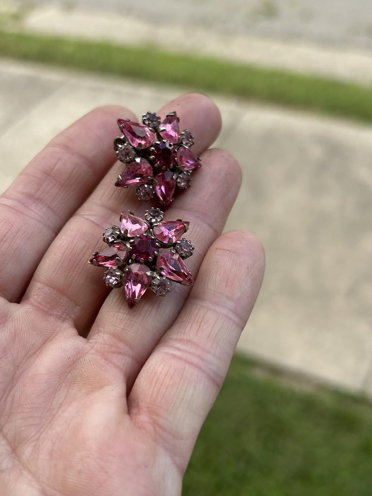 VTG Pink Rhinestone Flower Cluster Clip-On Lobe Earrings Set Lot, 2 Pairs