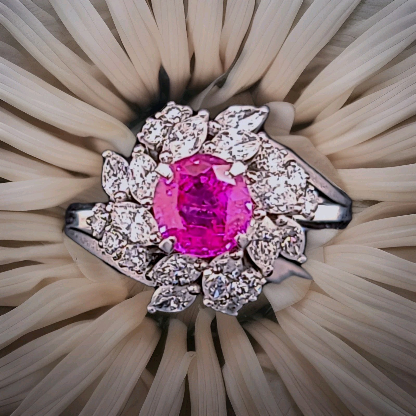 Vintage Platinum Cocktail Ring 1.77CT. Natural Round Cut Pink Sapphire GIA Cert
