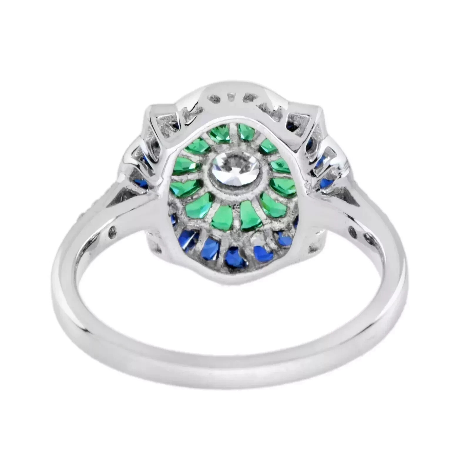 Art Deco Style Lab Created Diamond Emerald Sapphire Ring 14K White Gold Finish