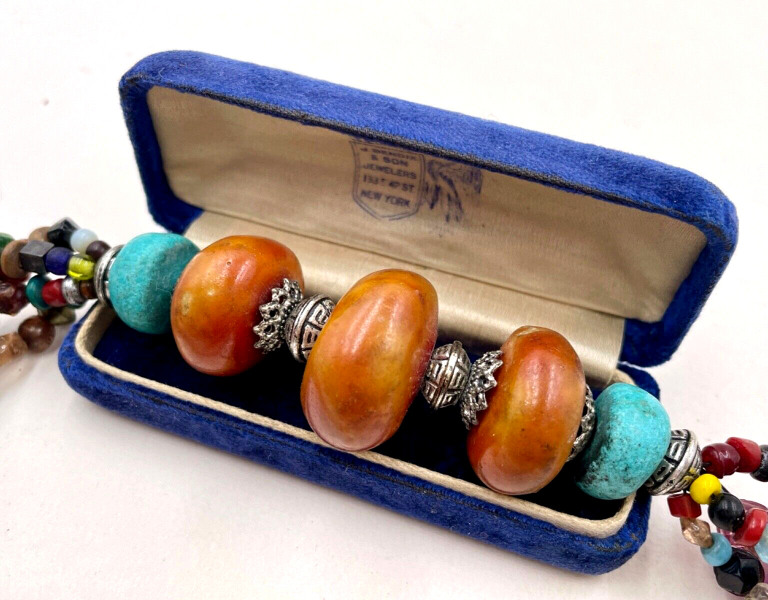 ETHNIC AFRICAN AMBER TRIBAL BERBER NECKLACE HAND-MADE GLASS BEADS BRONZE METAL R