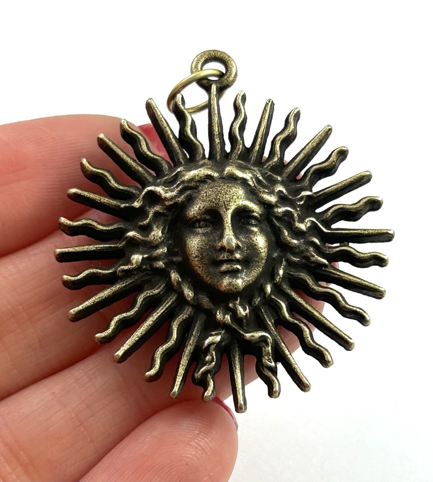 Vintage Pendant Sun Goddess Large Charm Antiqued Brass Metal Jewelry