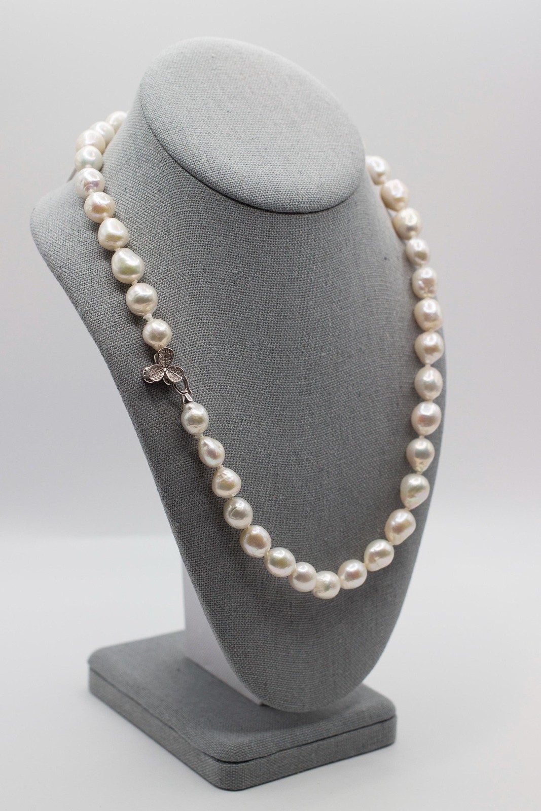 21” White Baroque Edison Pearl Necklace Kasumi Style Sterling Silver CZ Clasp