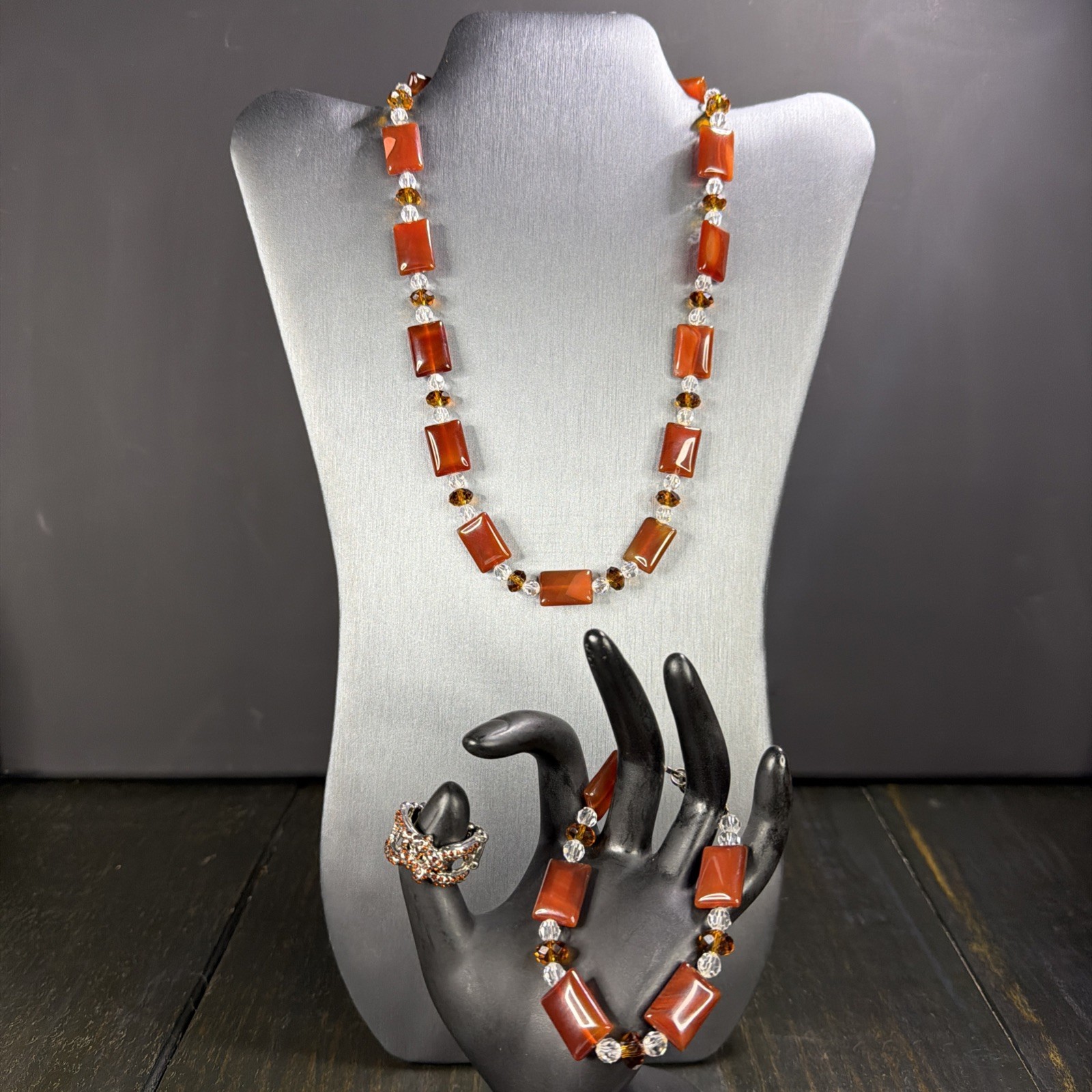Carnelian Agate Beads w/ Clear, & Amber-Colored Spacers VTG Jewelry Set