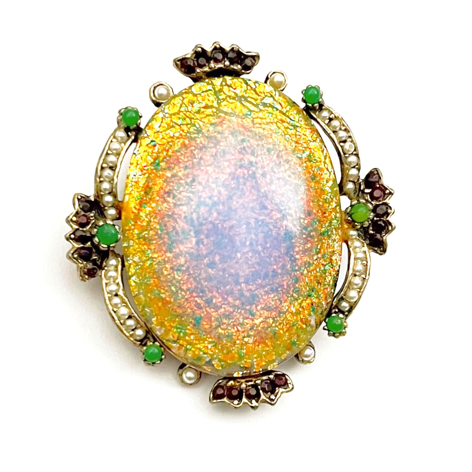 Dragons Breath Brooch Faux Garnets Seed Pearls Jade Vintage 1960s