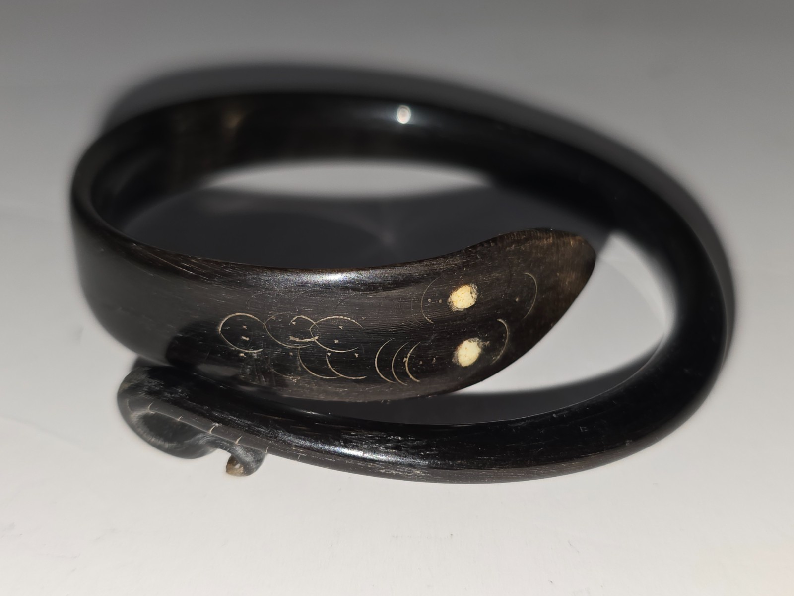 Antique Victorian Hand Carved Black Darn Buffalo Horn Snake Wrap Bangle Bracelet