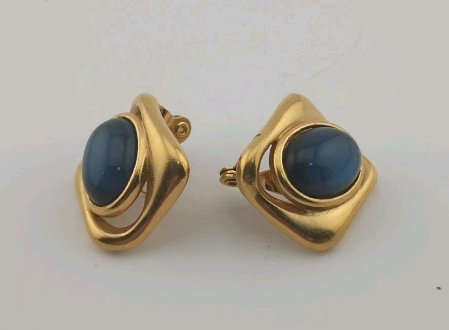 Vintage YSL Yves Saint Laurent Gold Tone Blue Cabochon Pierced Clip Earrings…