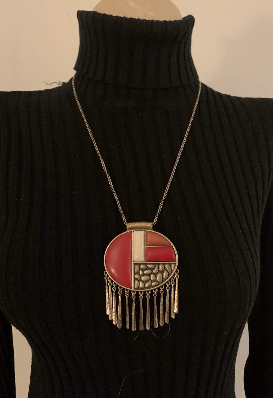 Vintage Abstract Colorful Large Pendant Necklace With Adjustable Chain