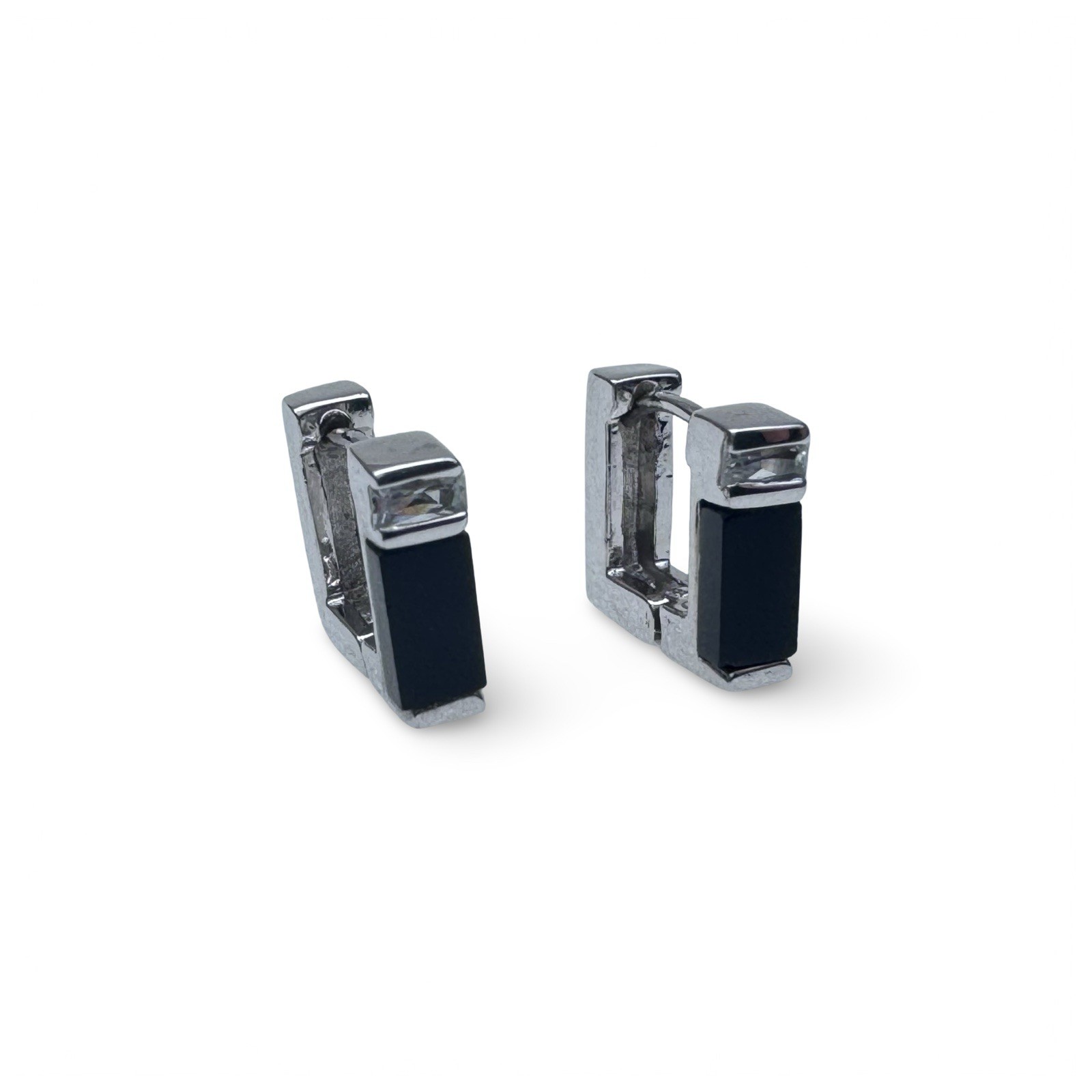 Onyx Sterling Silver Square Huggie Vintage Earrings