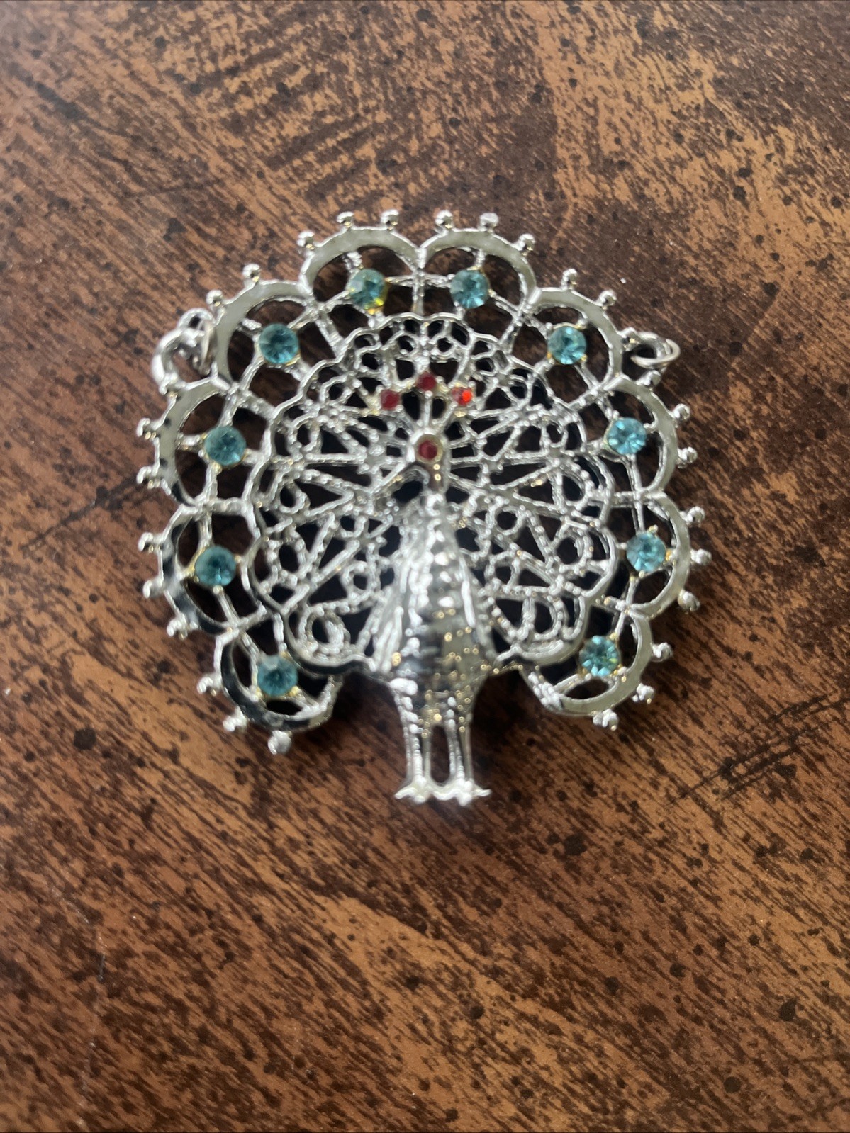 Vintage Peacock Pendant Filigree Rhinestone Statement Silver Tone Large No Chain