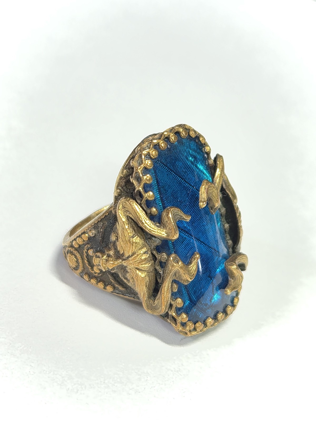 Antique Art Deco Blue Morpho Butterfly Wing Green Man? Pan? Czech? Ring Devil