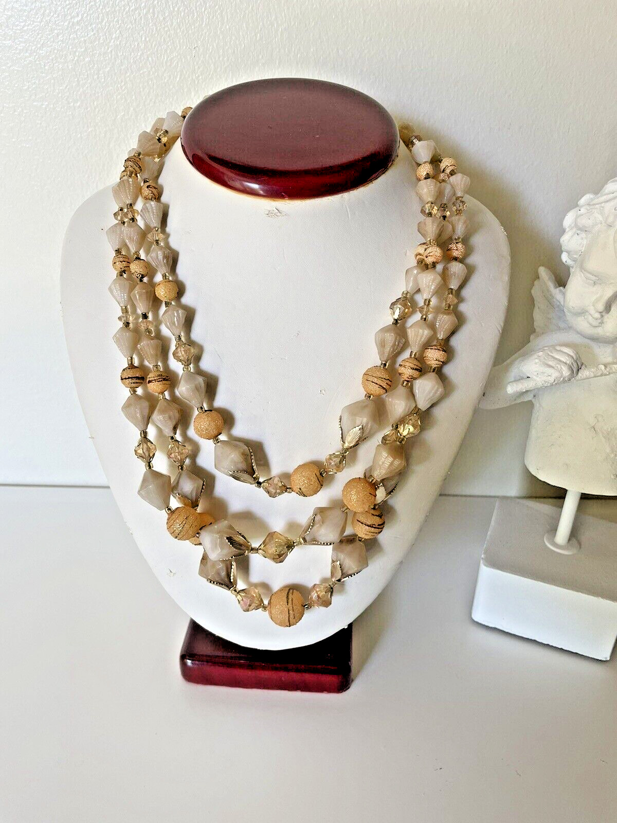 Vintage Beaded Necklace Hong Kong Gold Tone Sugared 3 Strand 20″ signed Sugar