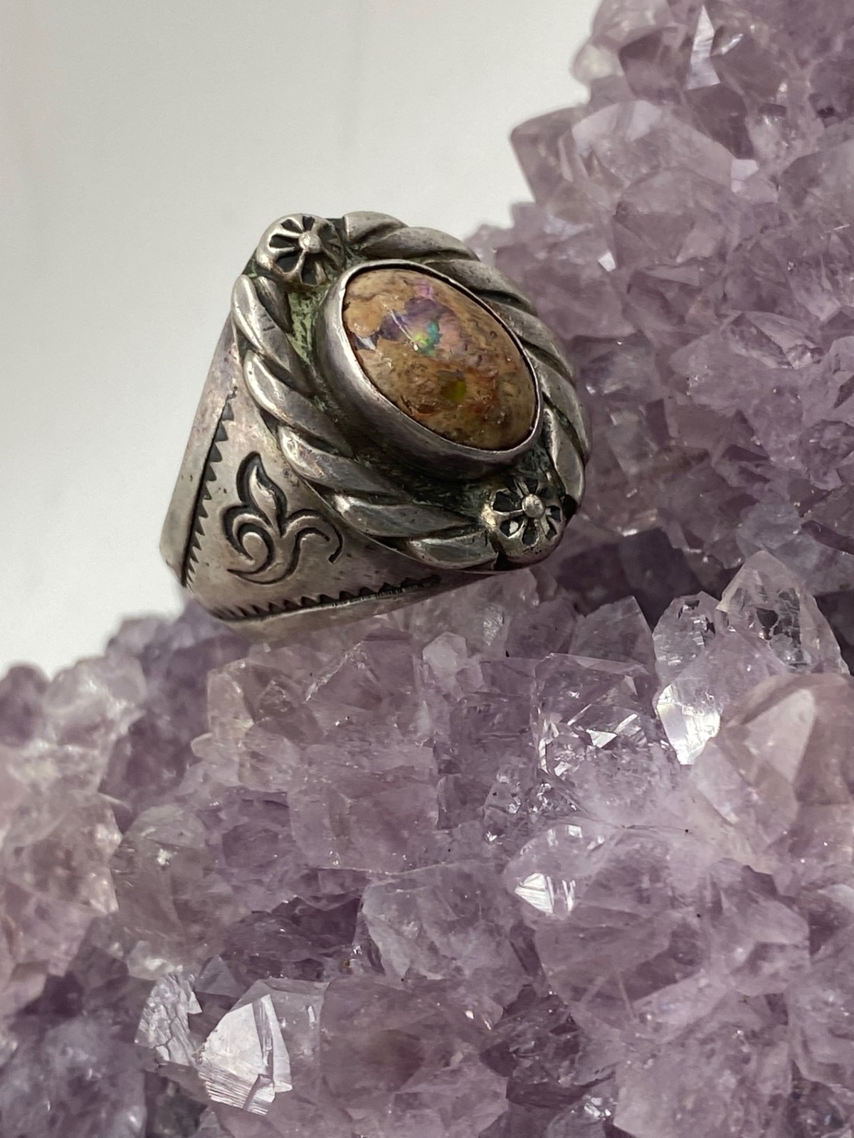 Vintage Sterling Silver Boulder Opal Ring Size 11
