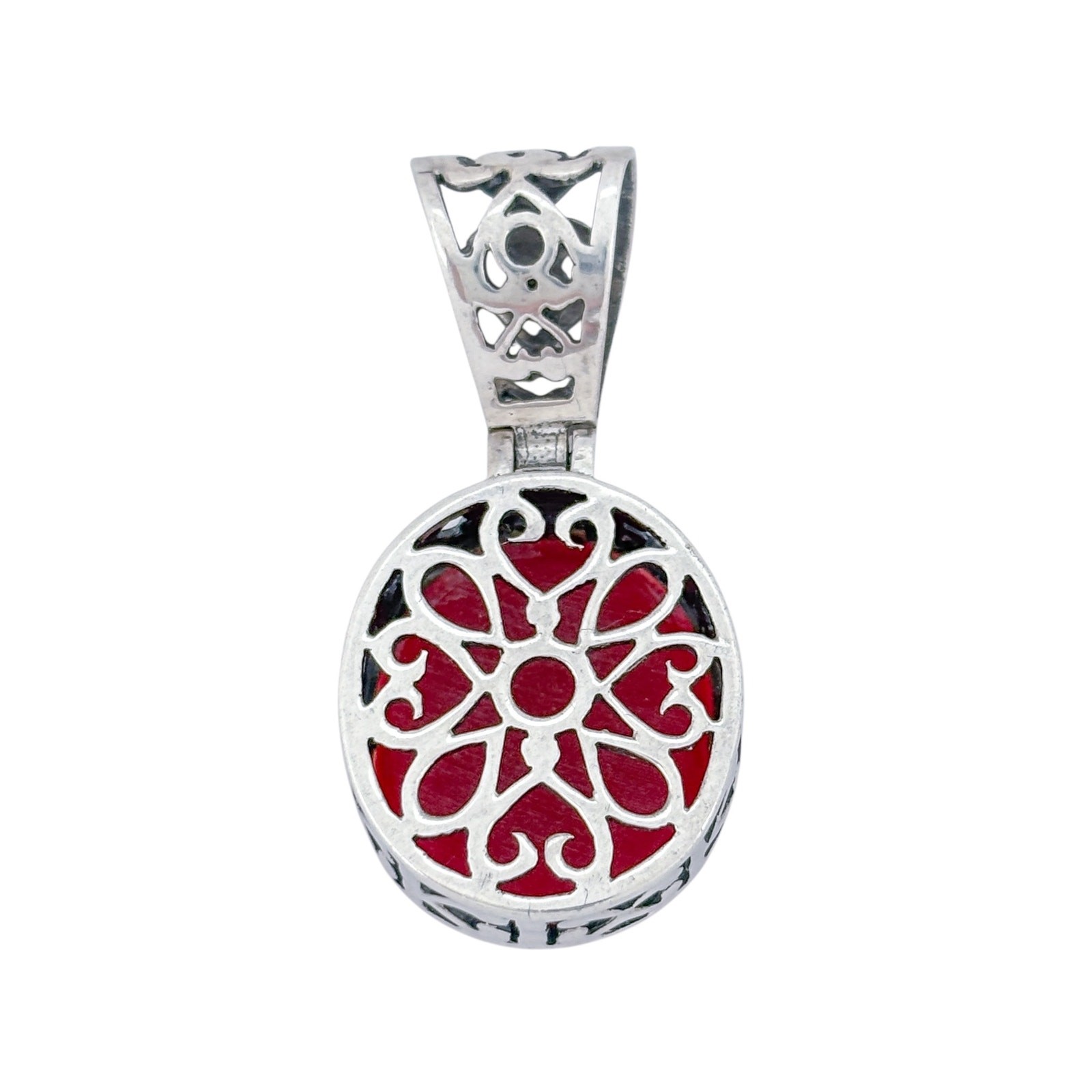 Oval Red Enamel Scroll Hinge Pendant | Vintage Sterling Silver 925