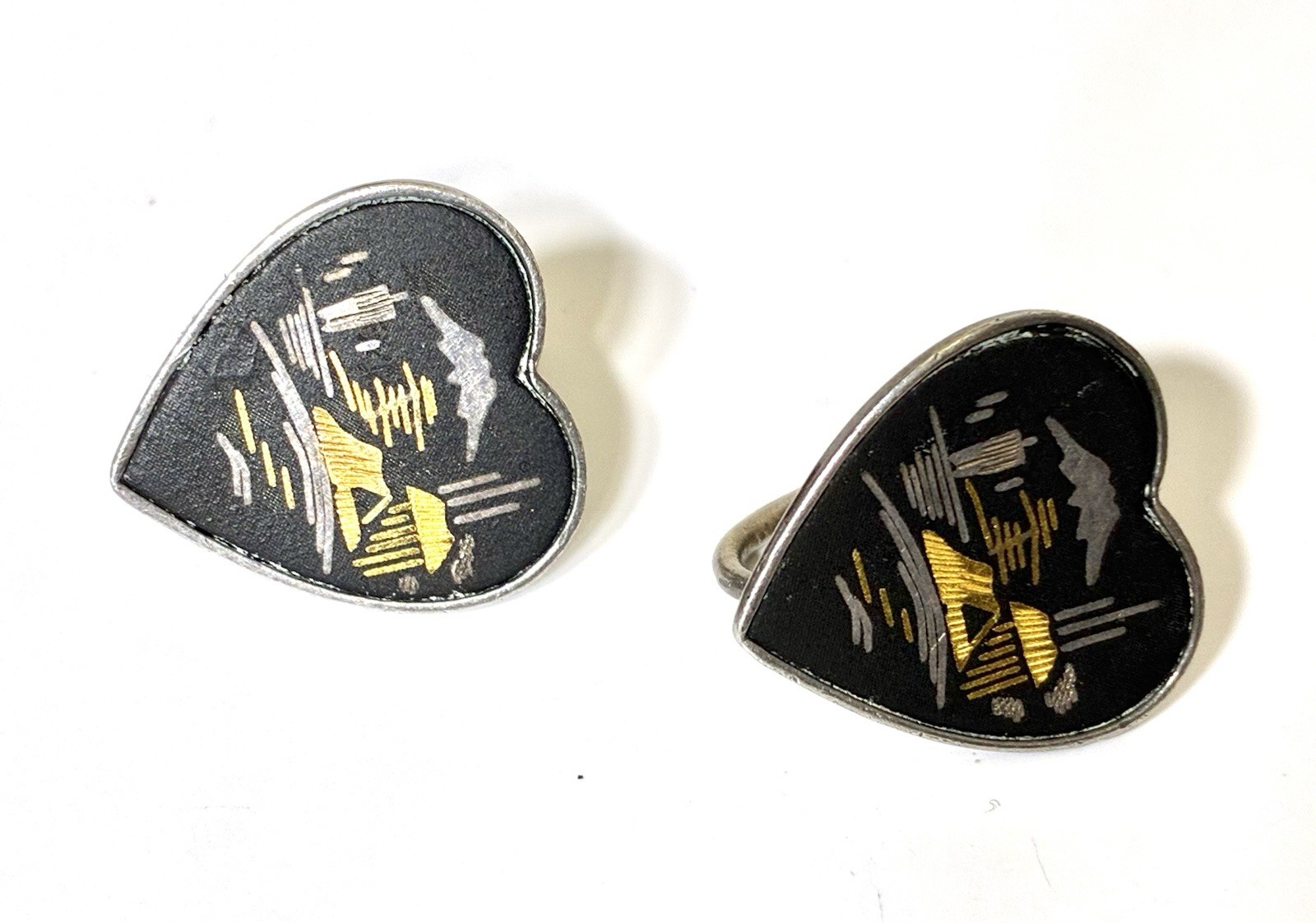Vintage Heart Damascene Enamel Sterling Silver AMITA Japan Earrings Non Pierced