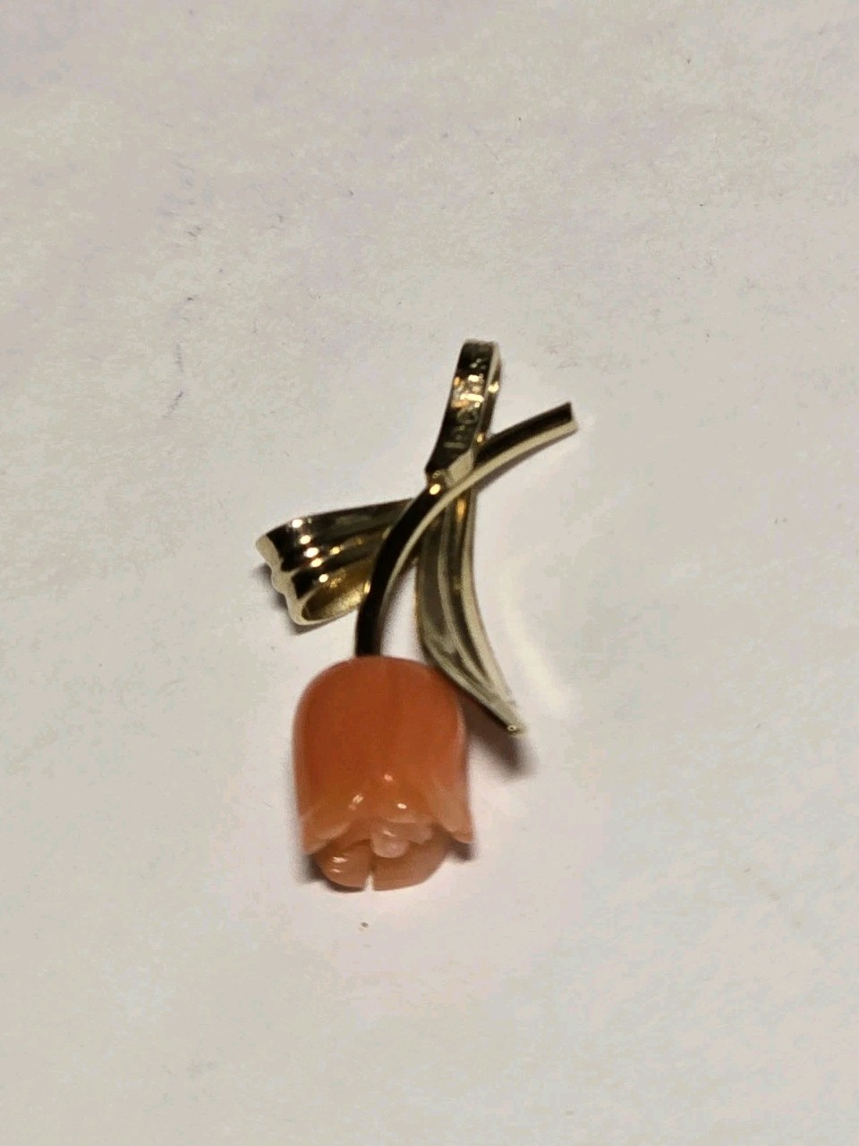 Vintage 14K Yellow Gold Plated Peach Coral Tulip Flower Dangle Pendant 14KGE